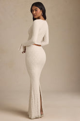 Draped Low-Rise Lace Maxi Skirt in Ivory